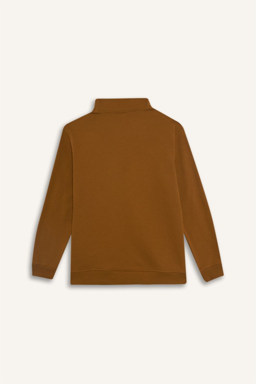MAN Light Brown Regular Fit Half Turtleneck Zip-Up Sweatshirt