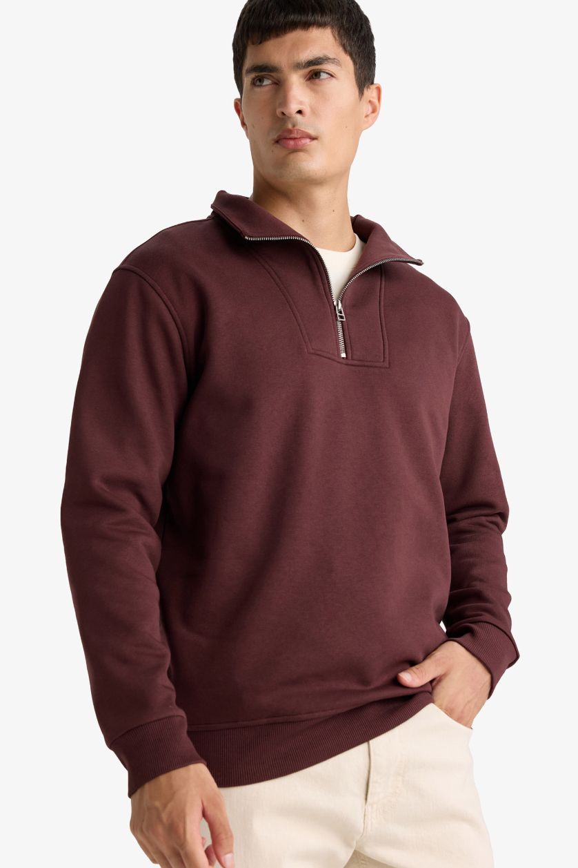 Erkek Koyu Bordo Regular Fit Yarım Balıkçı Yaka Fermuarlı Kalın Sweatshirt