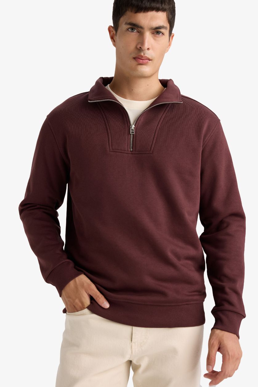 Erkek Koyu Bordo Regular Fit Yarım Balıkçı Yaka Fermuarlı Kalın Sweatshirt