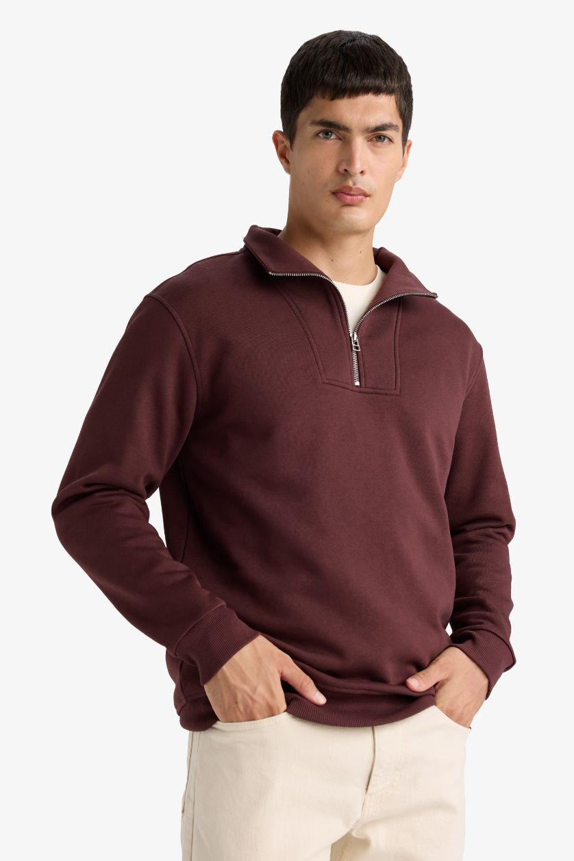 Erkek Koyu Bordo Regular Fit Yarım Balıkçı Yaka Fermuarlı Kalın Sweatshirt