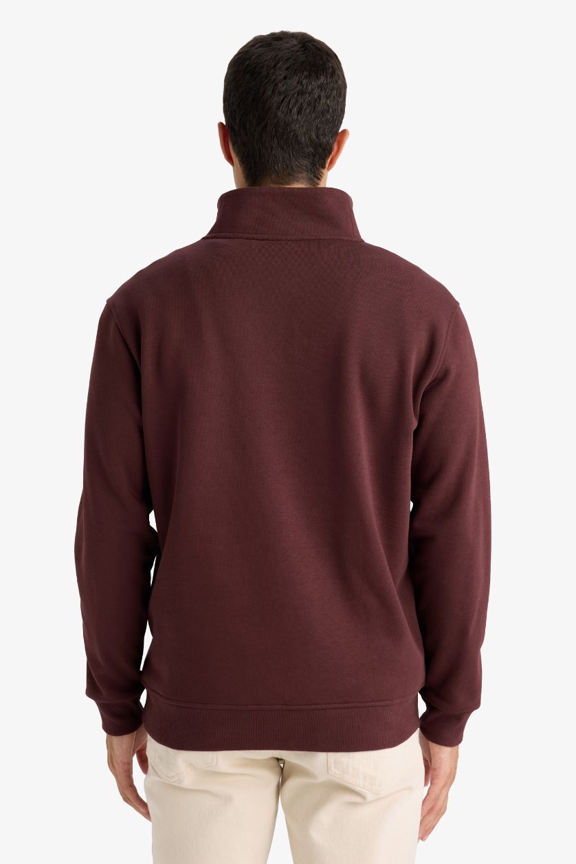 Erkek Koyu Bordo Regular Fit Yarım Balıkçı Yaka Fermuarlı Kalın Sweatshirt