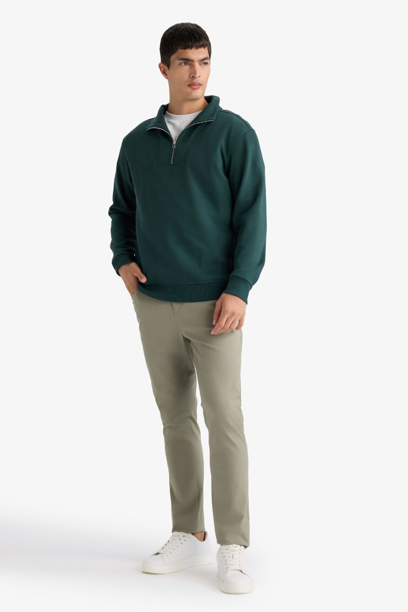 Erkek Koyu Yeşil Regular Fit Yarım Balıkçı Yaka Fermuarlı Kalın Sweatshirt