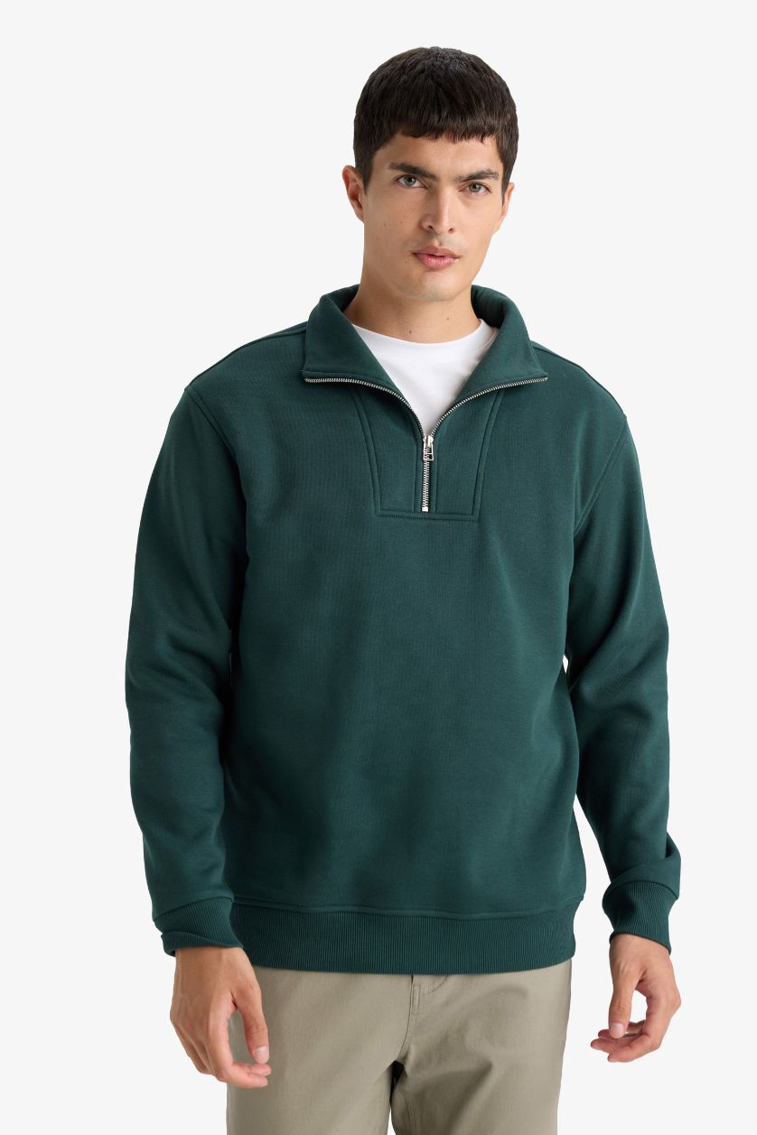 Erkek Koyu Yeşil Regular Fit Yarım Balıkçı Yaka Fermuarlı Kalın Sweatshirt