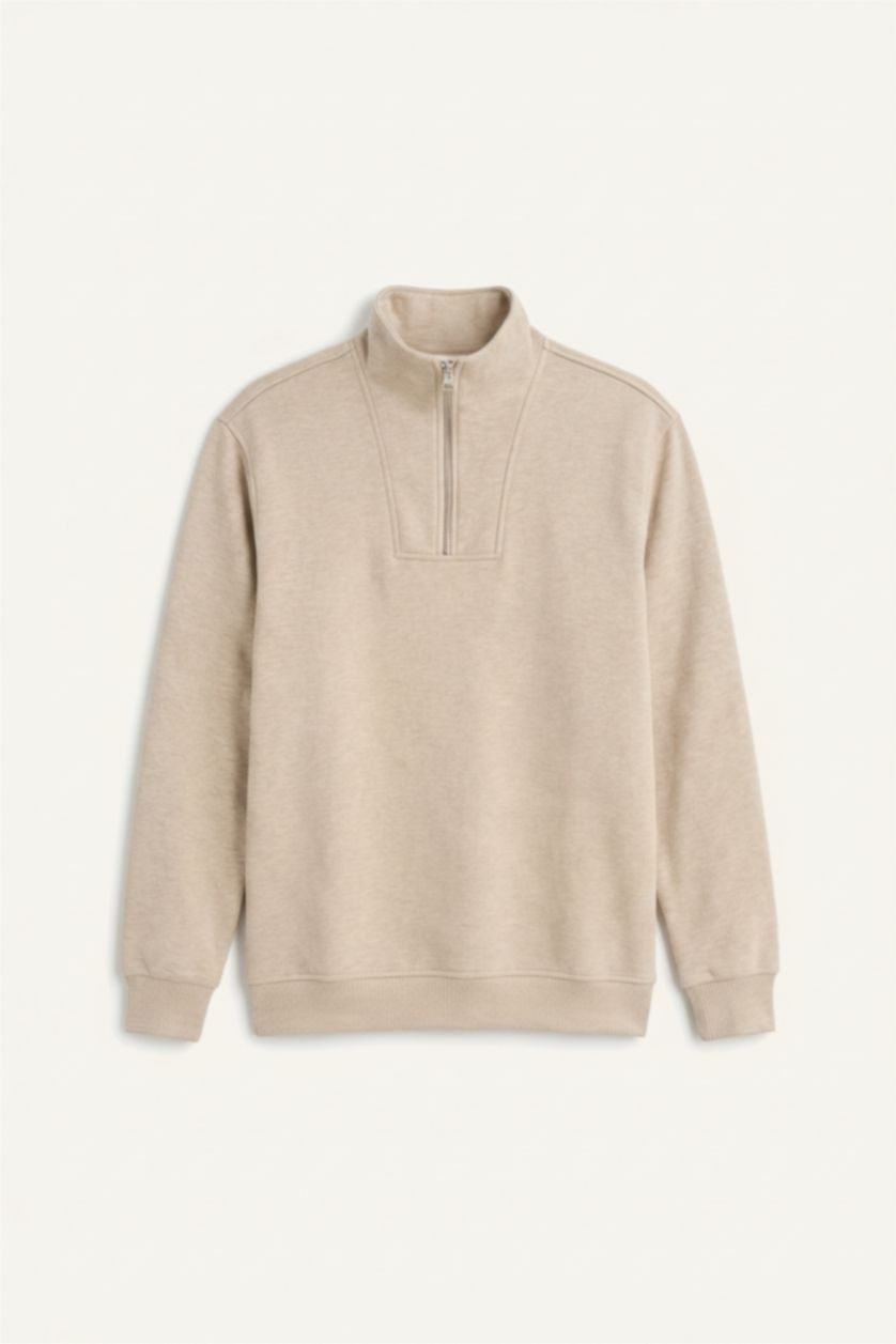 رجال ميلانج بيج فاتح Regular Fit Stand Collar Half Zip-Up Sweatshirt