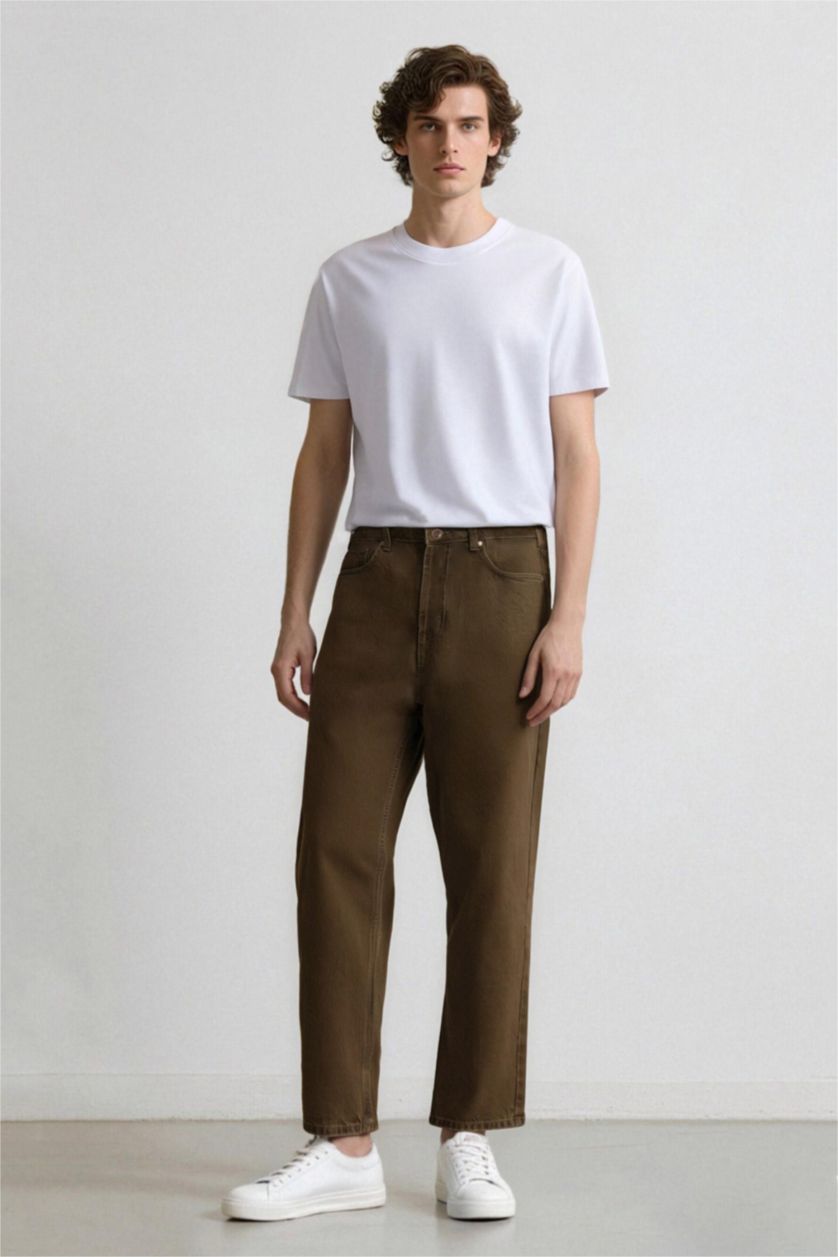 Erkek Haki %100 Pamuk Baggy Fit Düz Paça Pamuklu Pantolon