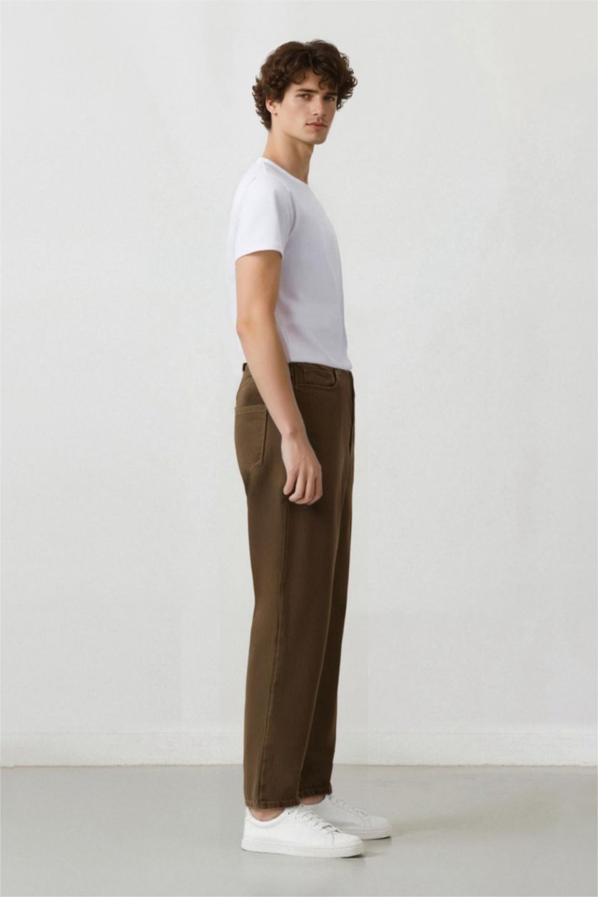 Erkek Haki %100 Pamuk Baggy Fit Düz Paça Pamuklu Pantolon