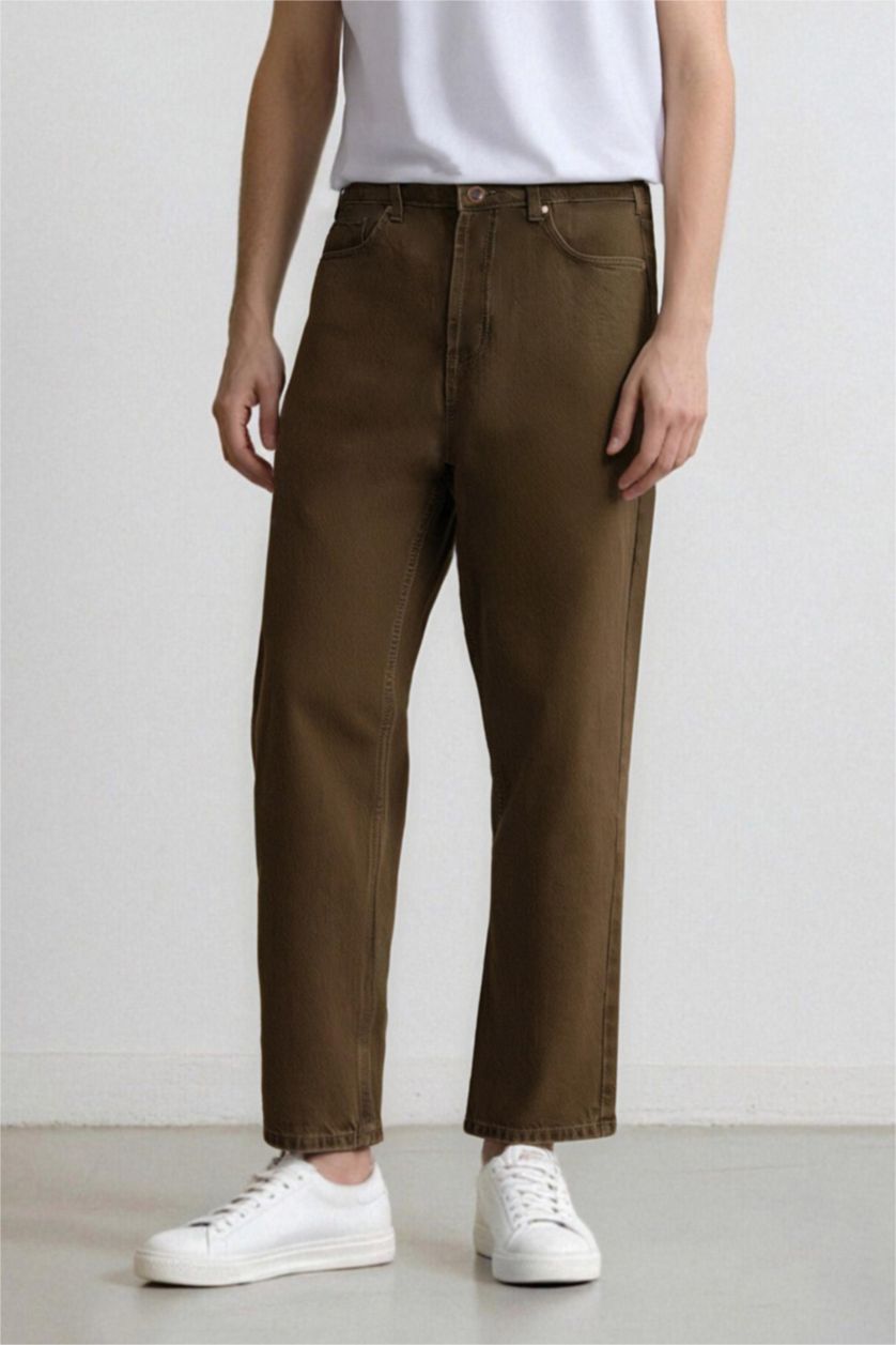 Erkek Haki %100 Pamuk Baggy Fit Düz Paça Pamuklu Pantolon