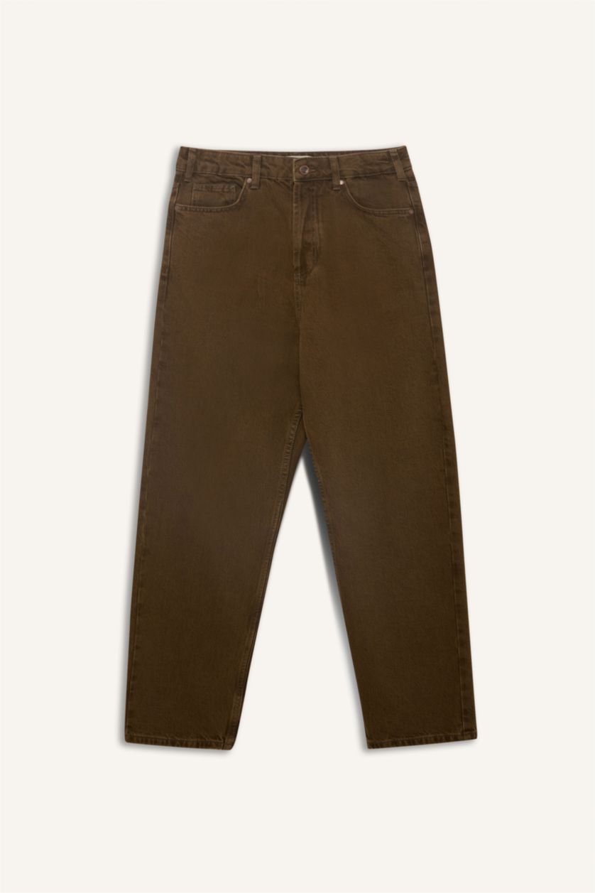 Erkek Haki %100 Pamuk Baggy Fit Düz Paça Pamuklu Pantolon