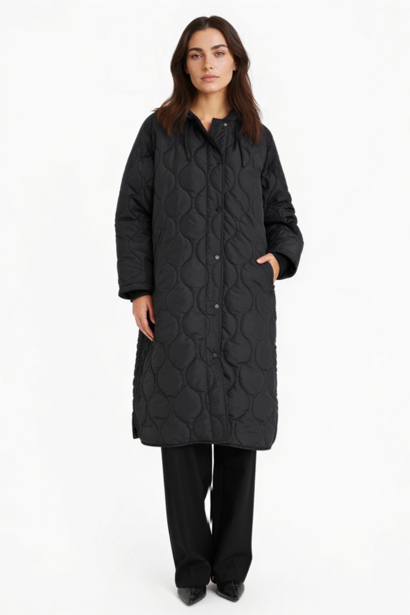 Kadın Siyah Regular Fit Kapüşonlu Çıtçıtlı Cepli Kapitoneli Parka