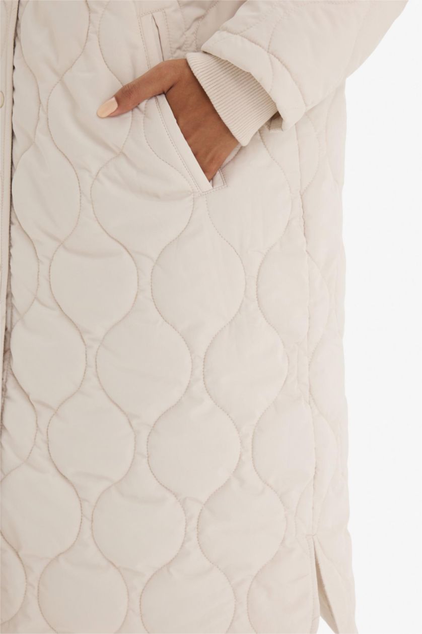 Woman Ecru Regular Fit Hooded Quilted Long Jacket