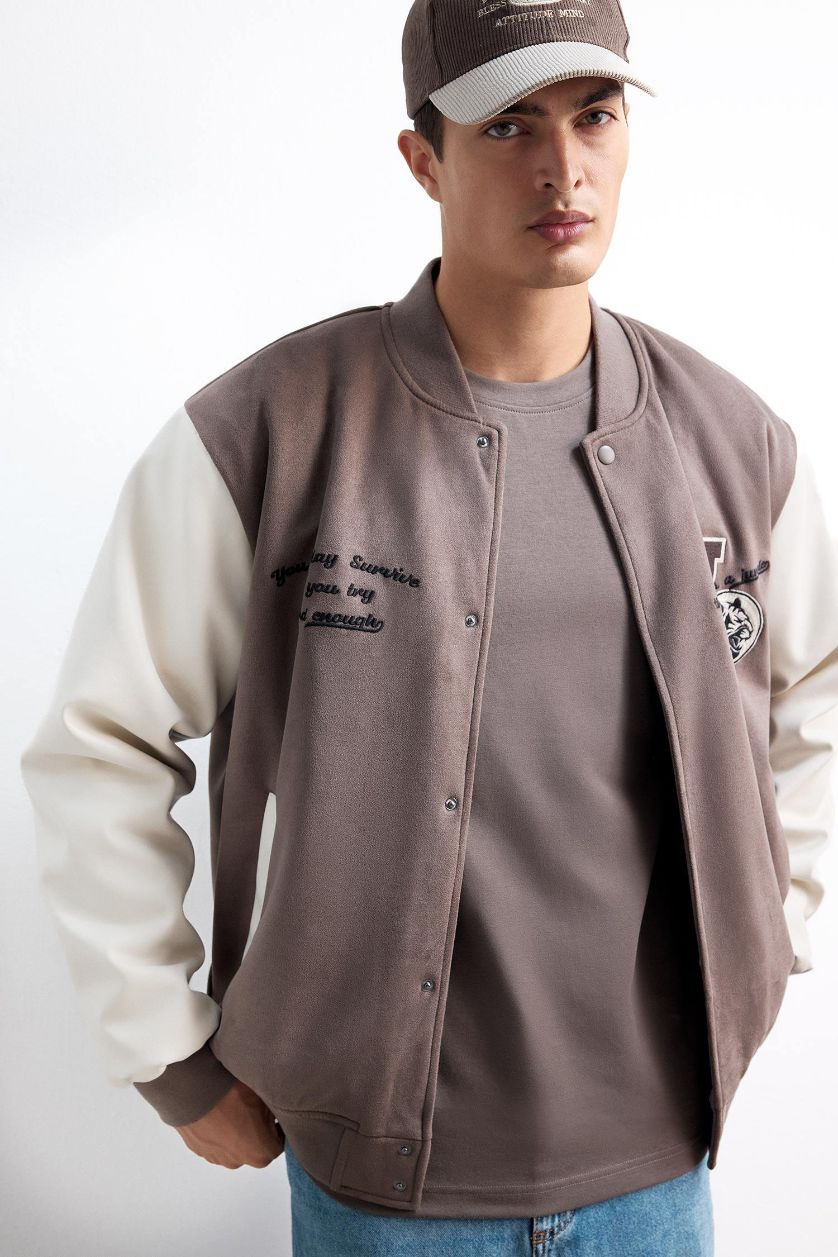 Man Light Brown Oversize Fit College Collar Suede Bomber Jacket