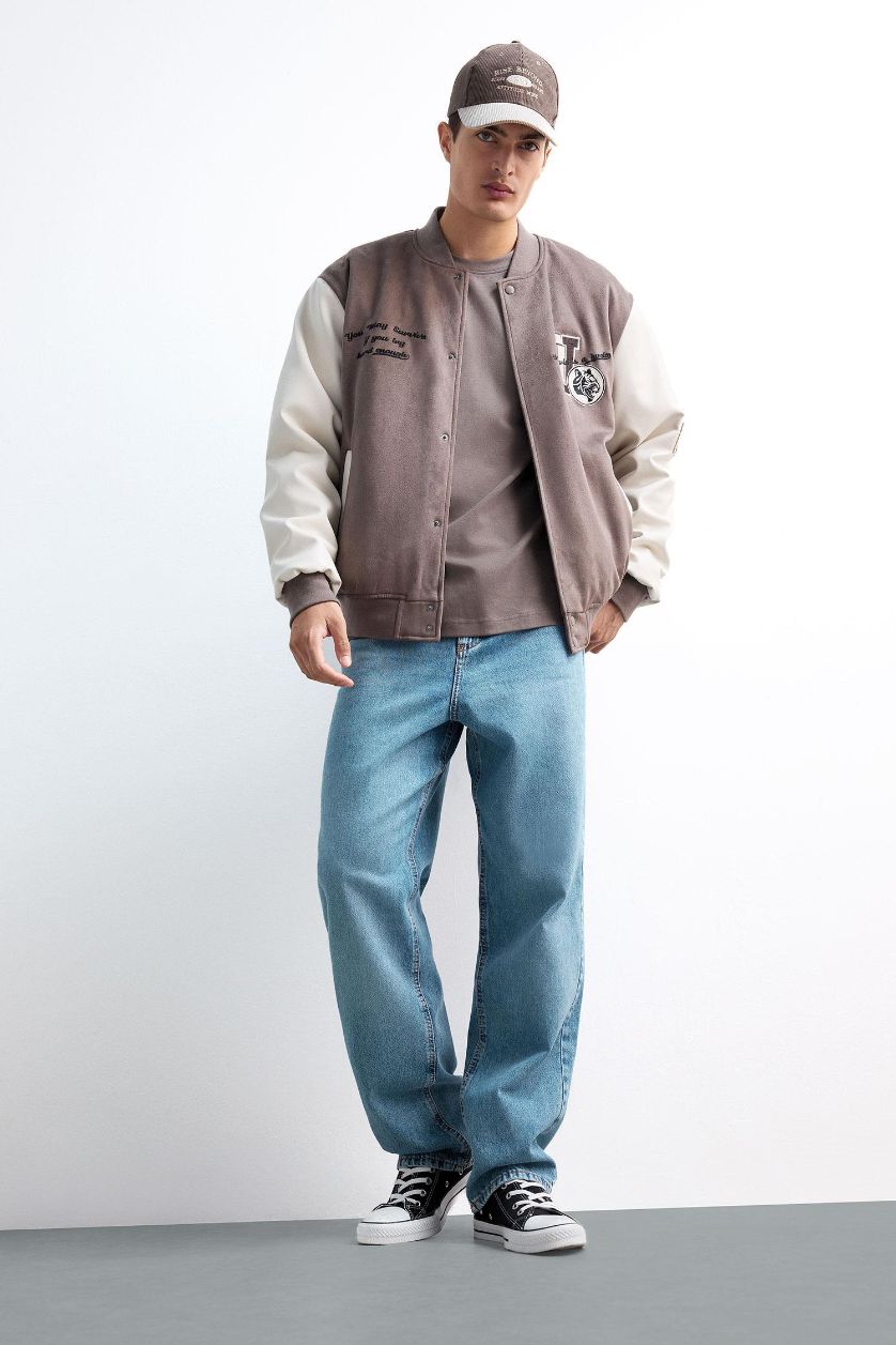 Man Light Brown Oversize Fit College Collar Suede Bomber Jacket