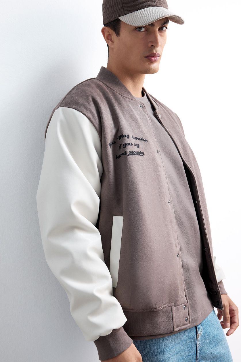 Man Light Brown Oversize Fit College Collar Suede Bomber Jacket