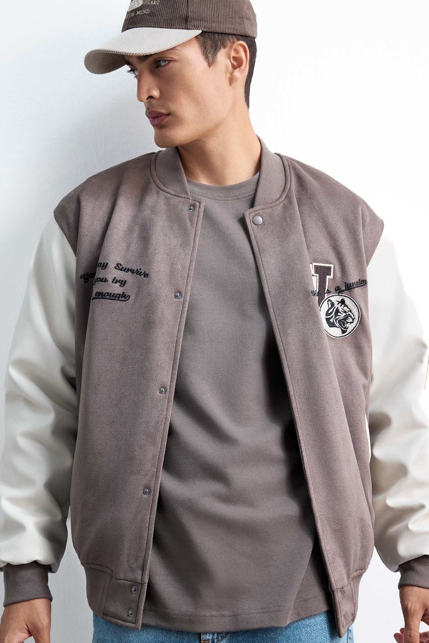 Man Light Brown Oversize Fit College Collar Suede Bomber Jacket