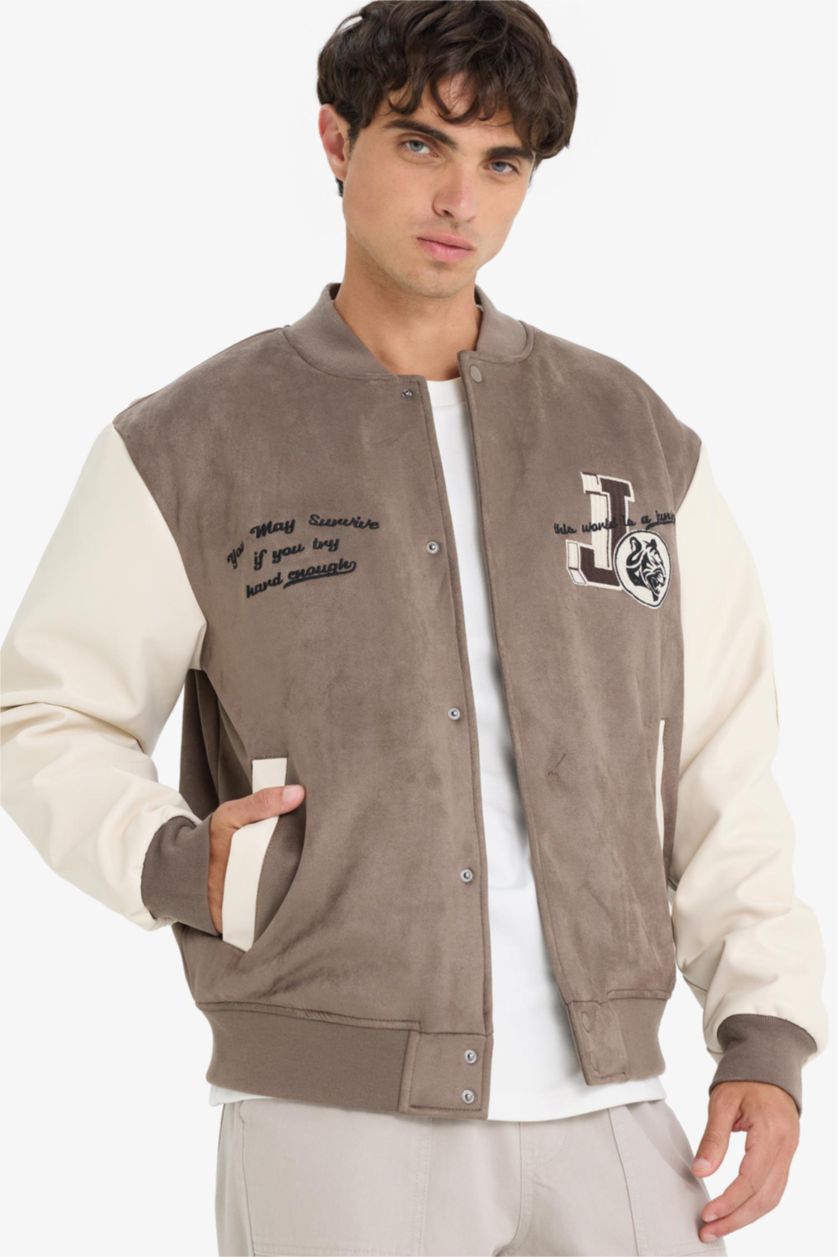 Man Light Brown Oversize Fit College Collar Suede Bomber Jacket