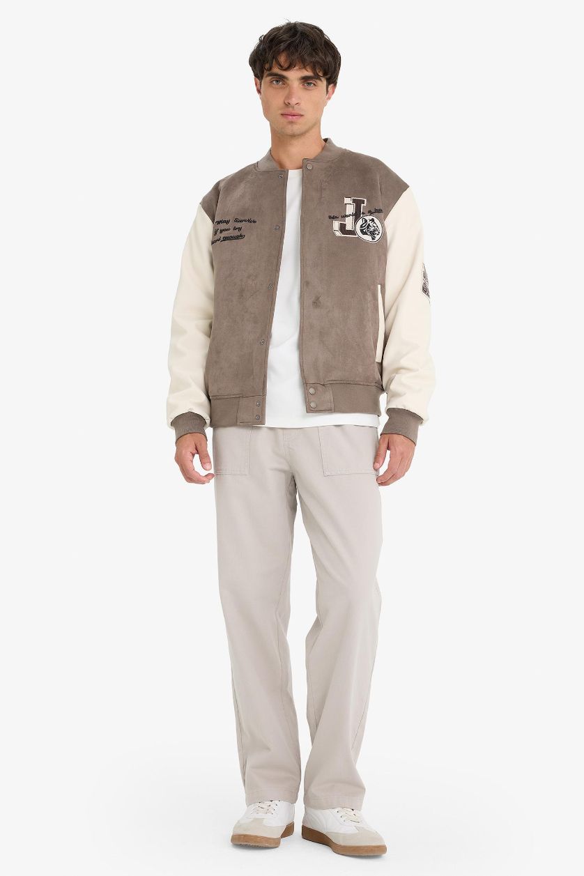 Man Light Brown Oversize Fit College Collar Suede Bomber Jacket