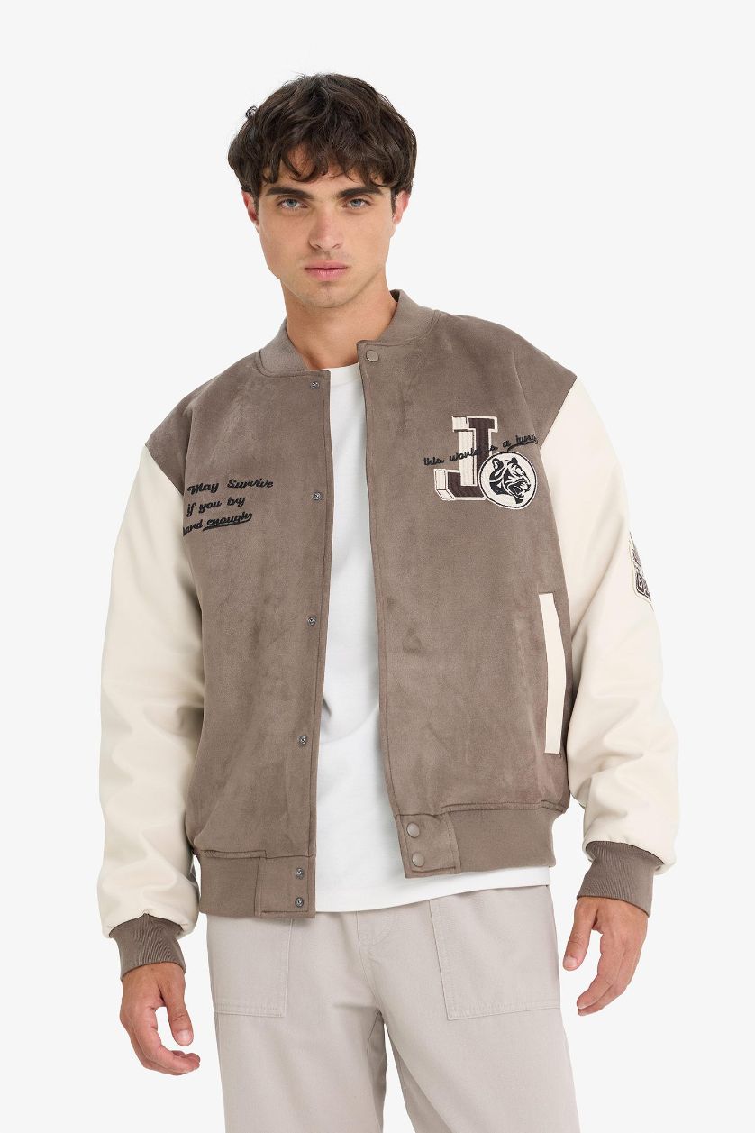 Man Light Brown Oversize Fit College Collar Suede Bomber Jacket