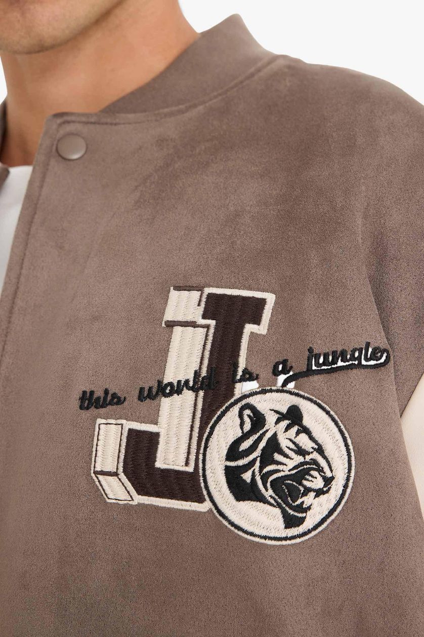 Man Light Brown Oversize Fit College Collar Suede Bomber Jacket