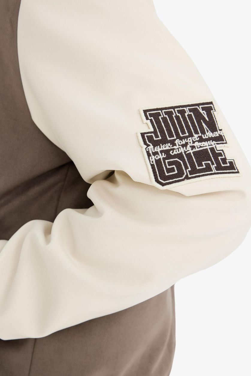 Man Light Brown Oversize Fit College Collar Suede Bomber Jacket