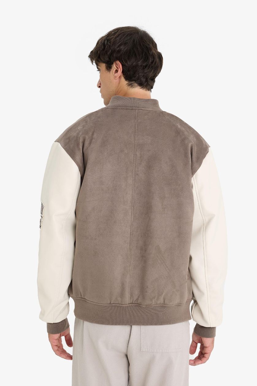 Man Light Brown Oversize Fit College Collar Suede Bomber Jacket