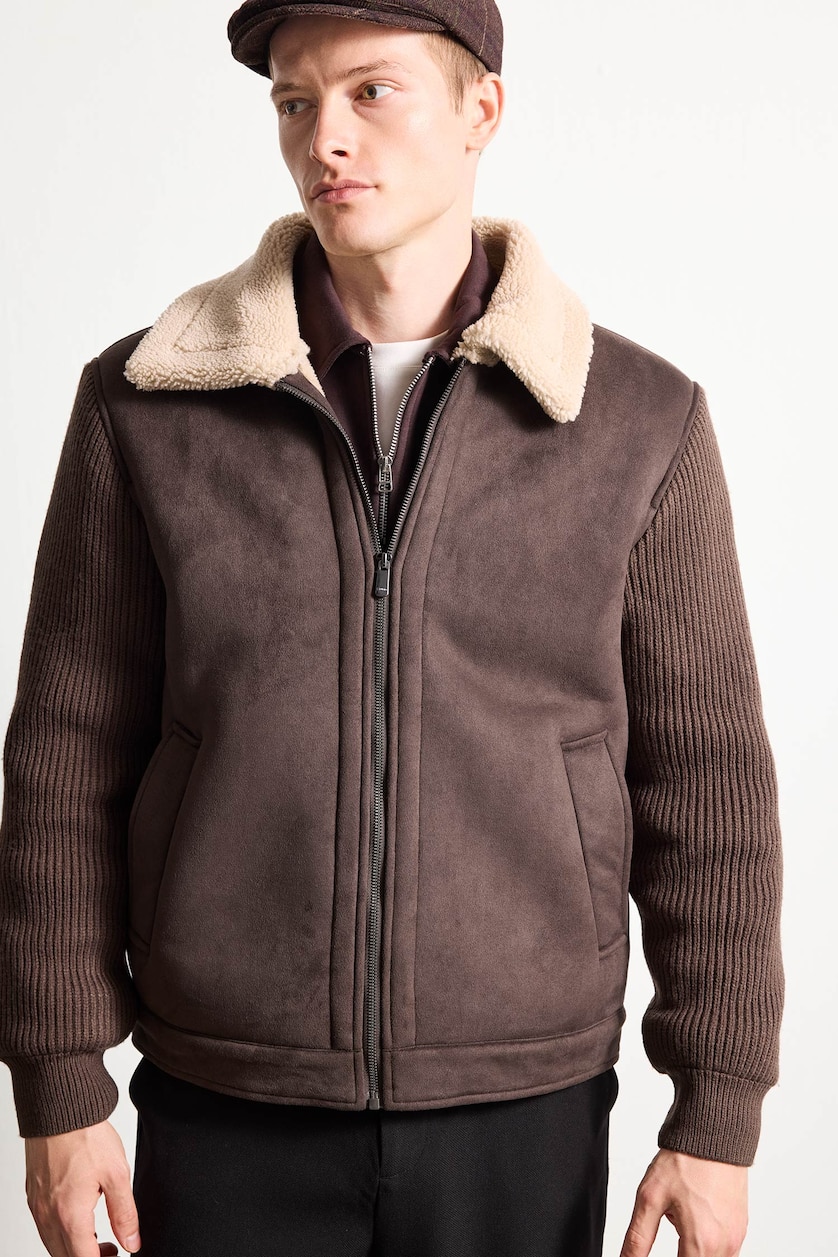 Erkek Kahve Slim Fit Triko Kollu Mont