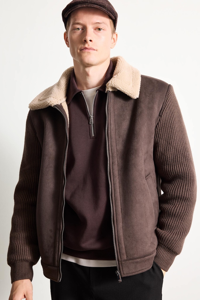 Erkek Kahve Slim Fit Triko Kollu Mont