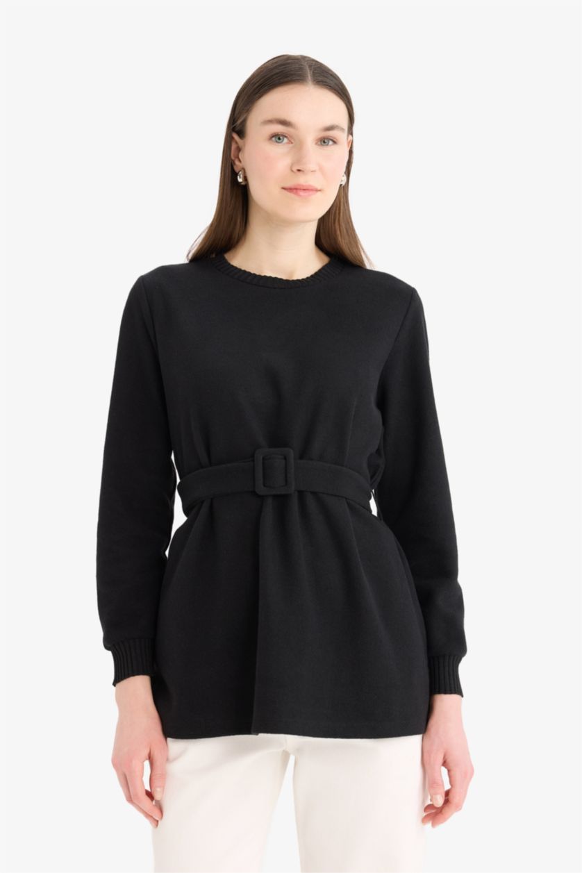 Kadın Siyah Regular Fit Bisiklet Yaka İçi Yumuşak Tüylü Selanik Kumaş Uzun Kollu Tunik