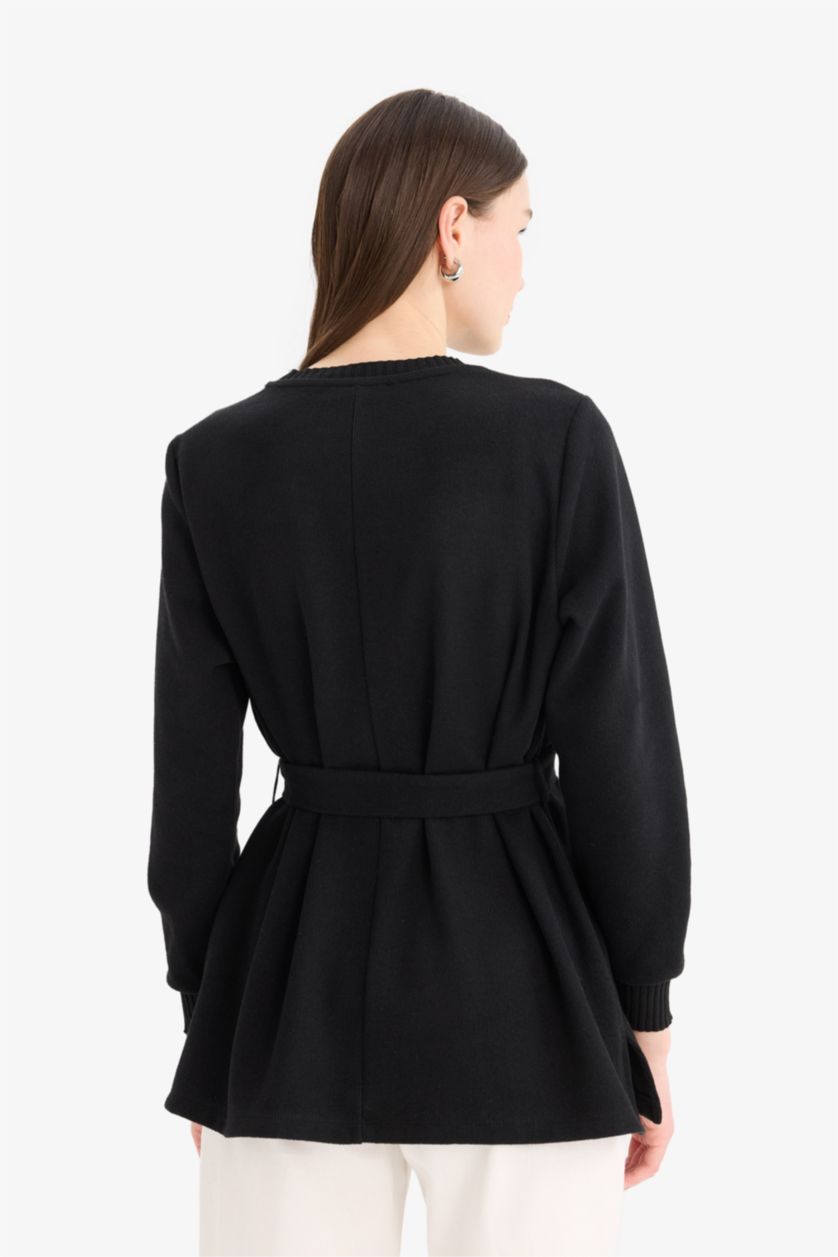 Kadın Siyah Regular Fit Bisiklet Yaka İçi Yumuşak Tüylü Selanik Kumaş Uzun Kollu Tunik