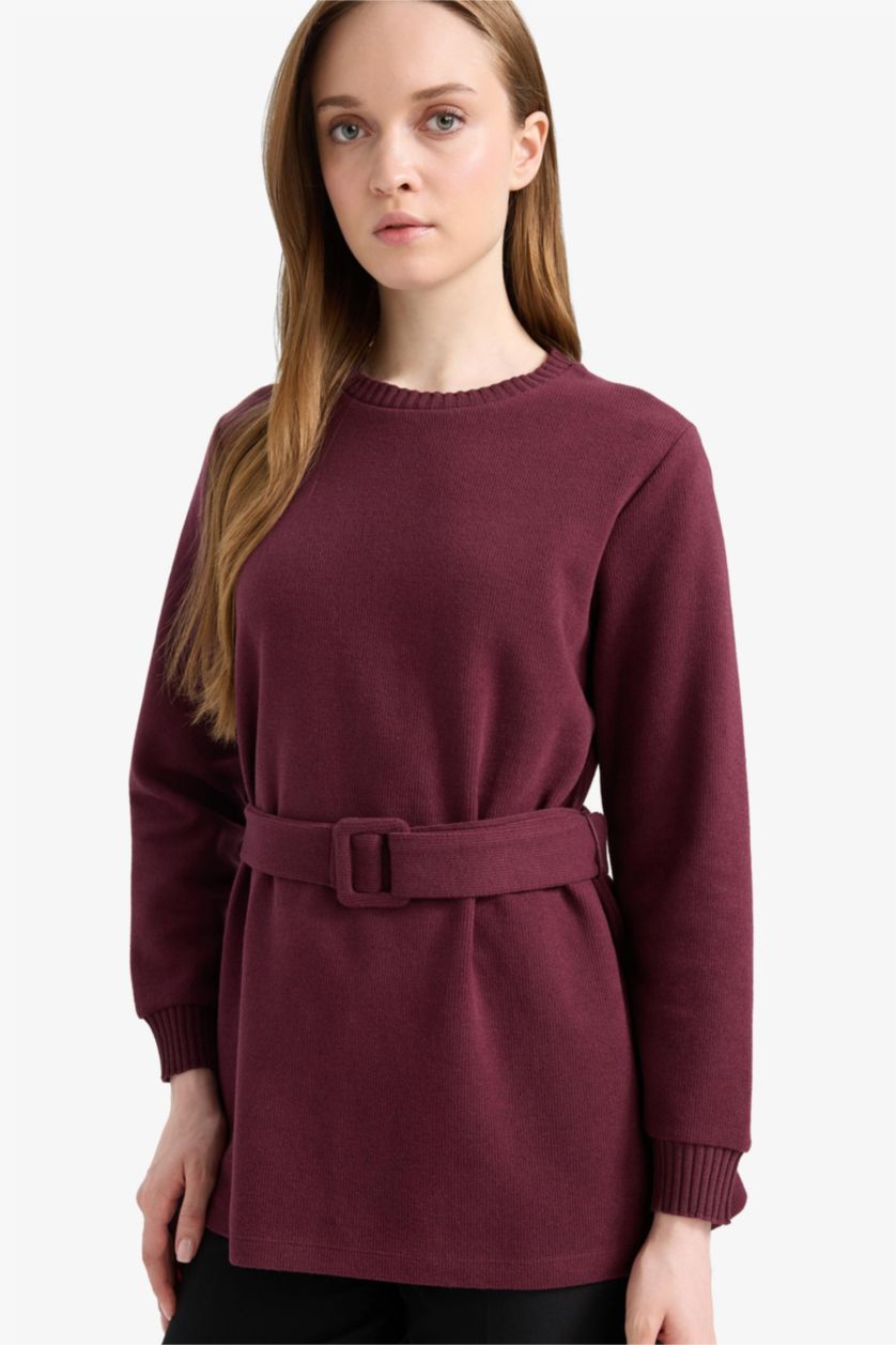 Woman Bordeaux Regular Fit Crew Neck Soft Furry Inside Tunic
