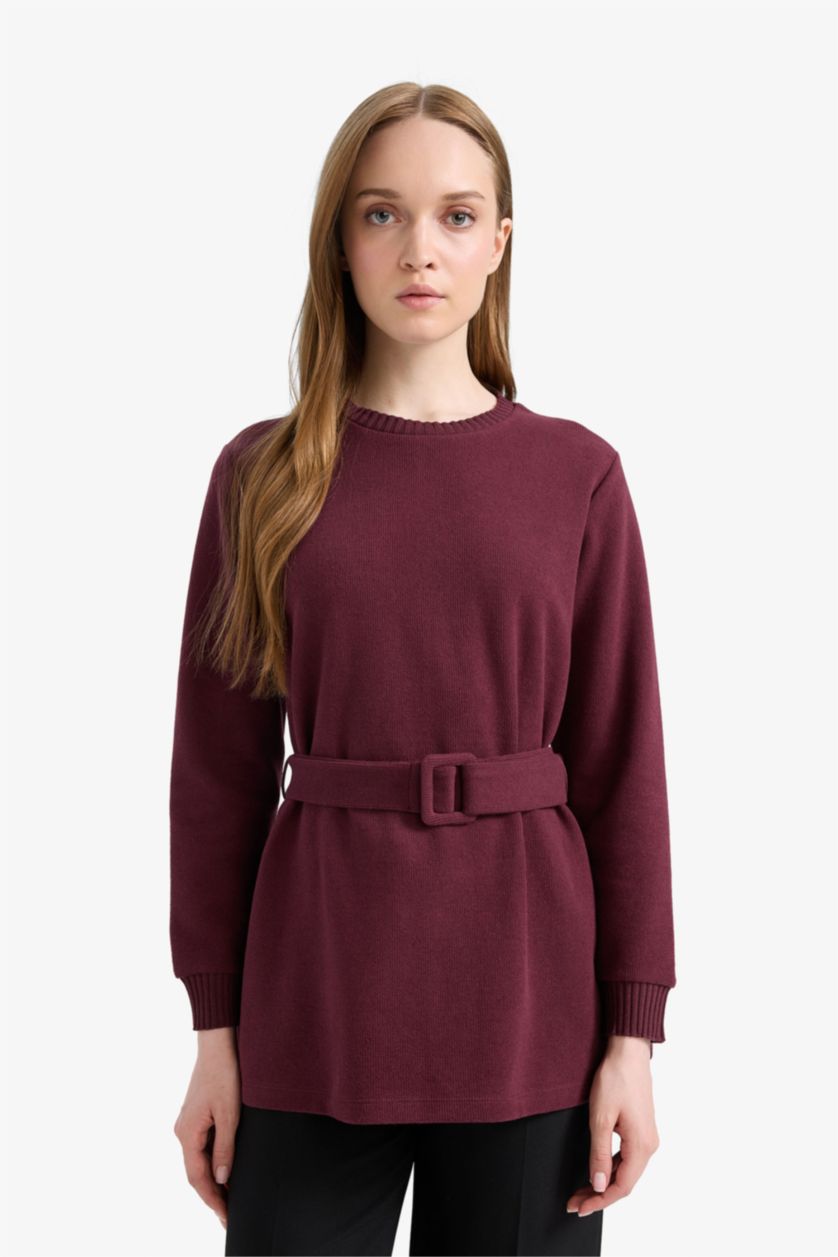 Woman Bordeaux Regular Fit Crew Neck Soft Furry Inside Tunic