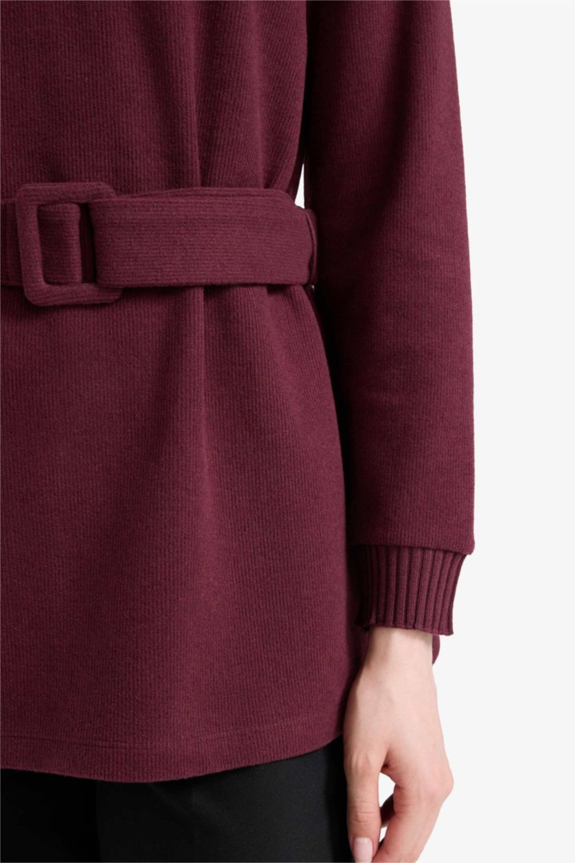 Woman Bordeaux Regular Fit Crew Neck Soft Furry Inside Tunic