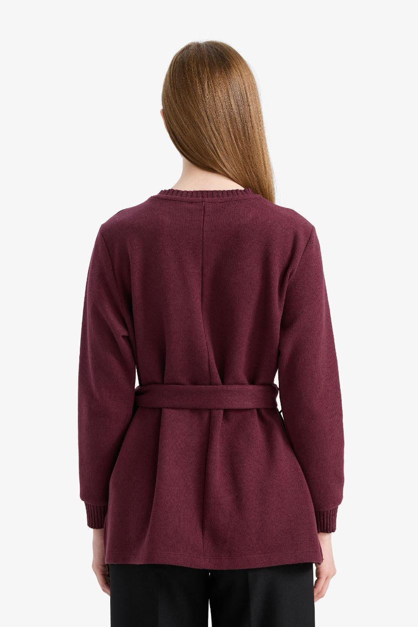 Woman Bordeaux Regular Fit Crew Neck Soft Furry Inside Tunic