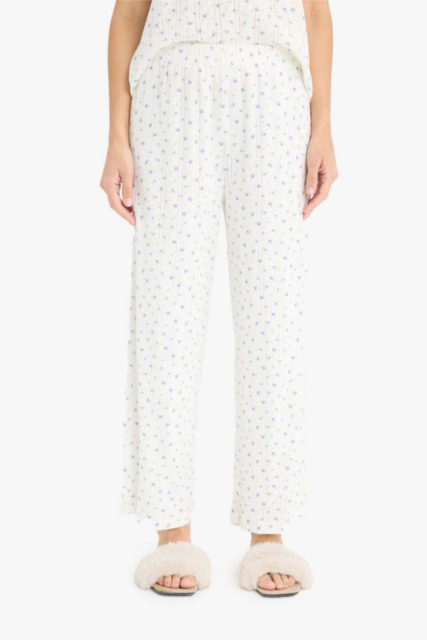 Kadın Ekru Regular Fit Pijama Takımı Kısa Kollu Üst Beli Lastikli Uzun Alt-Fall in Love