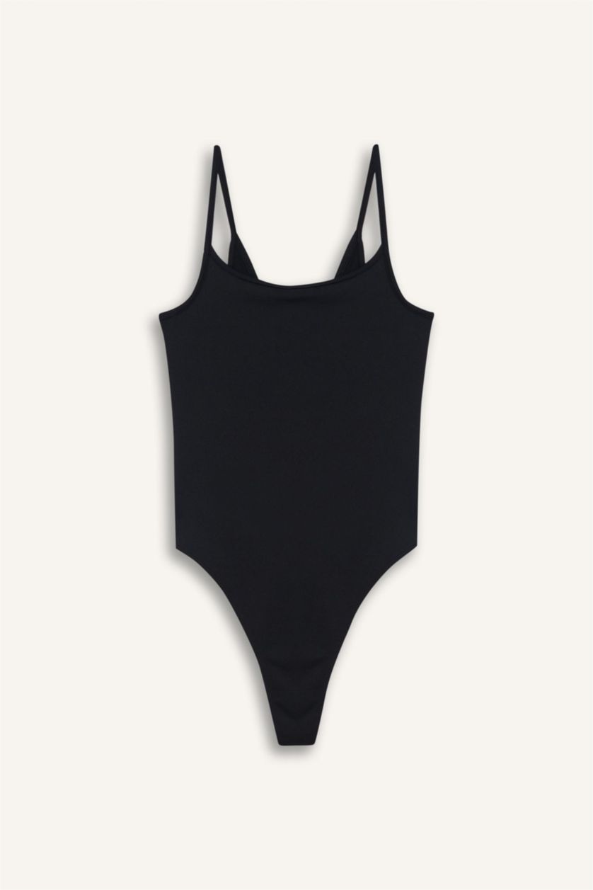 Kadın Siyah Basic Düz Askılı Siyah Body