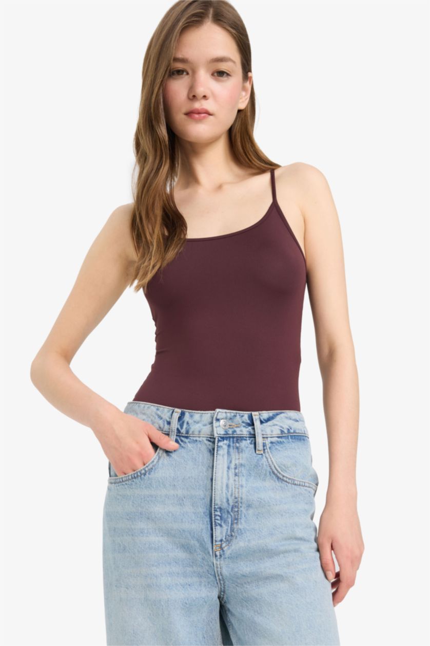 Kadın Bordo Basic Düz Askılı Body