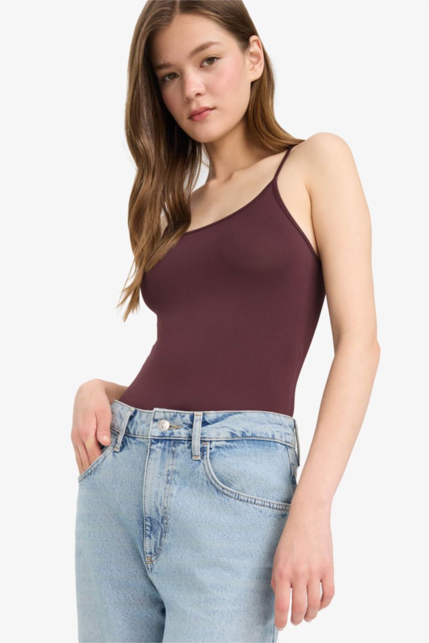Kadın Bordo Basic Düz Askılı Body