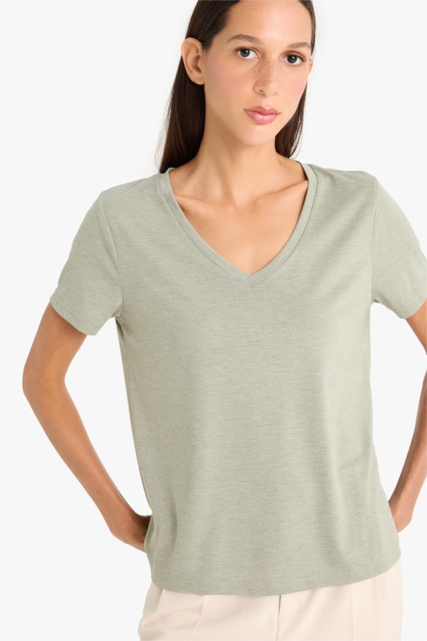 Kadın Yeşil Regular Fıt V Yaka Basıc Düz Kısa Kollu Tişört