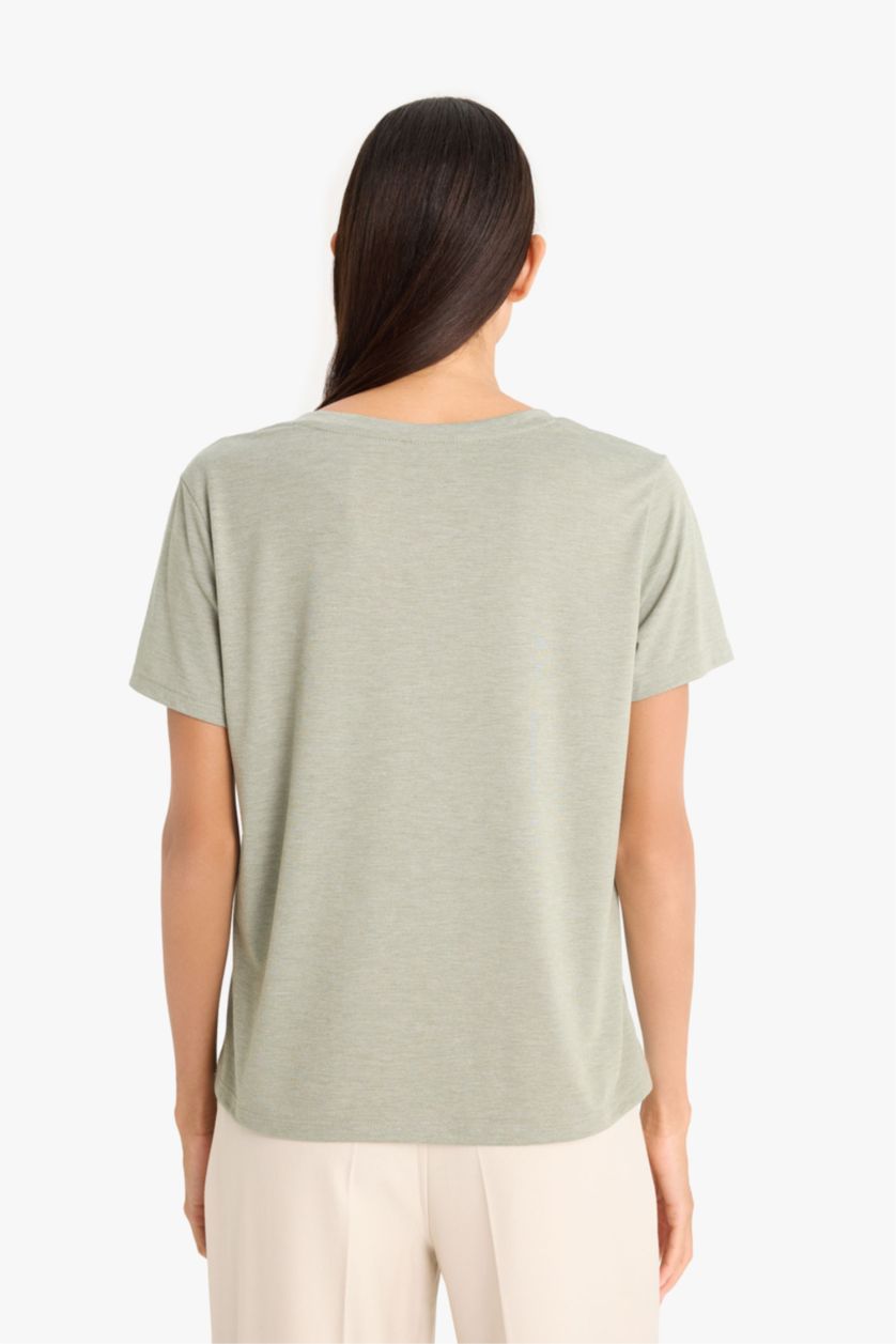 Kadın Yeşil Regular Fıt V Yaka Basıc Düz Kısa Kollu Tişört