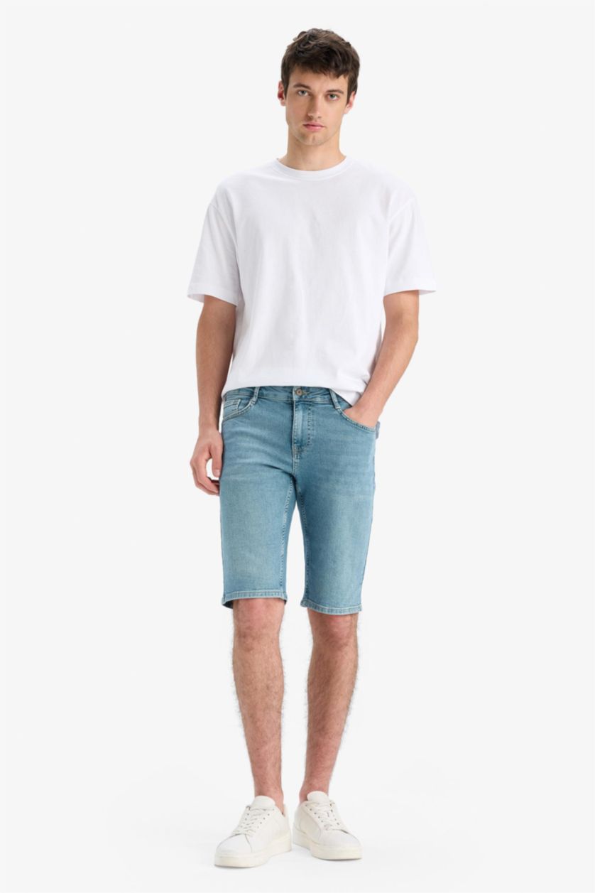 Erkek Açık Yeşil Slim Fit Dar Kesim Jean Bermuda Şort