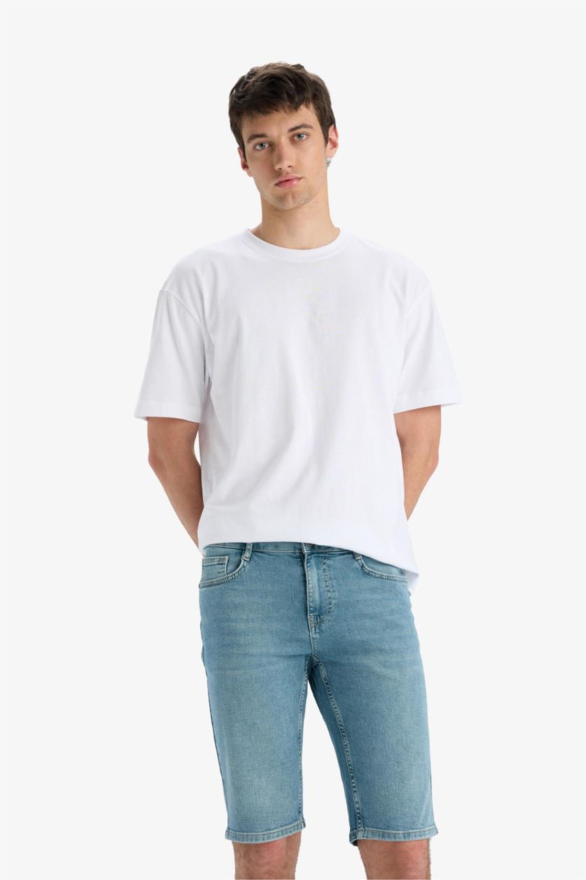 Erkek Açık Yeşil Slim Fit Dar Kesim Jean Bermuda Şort