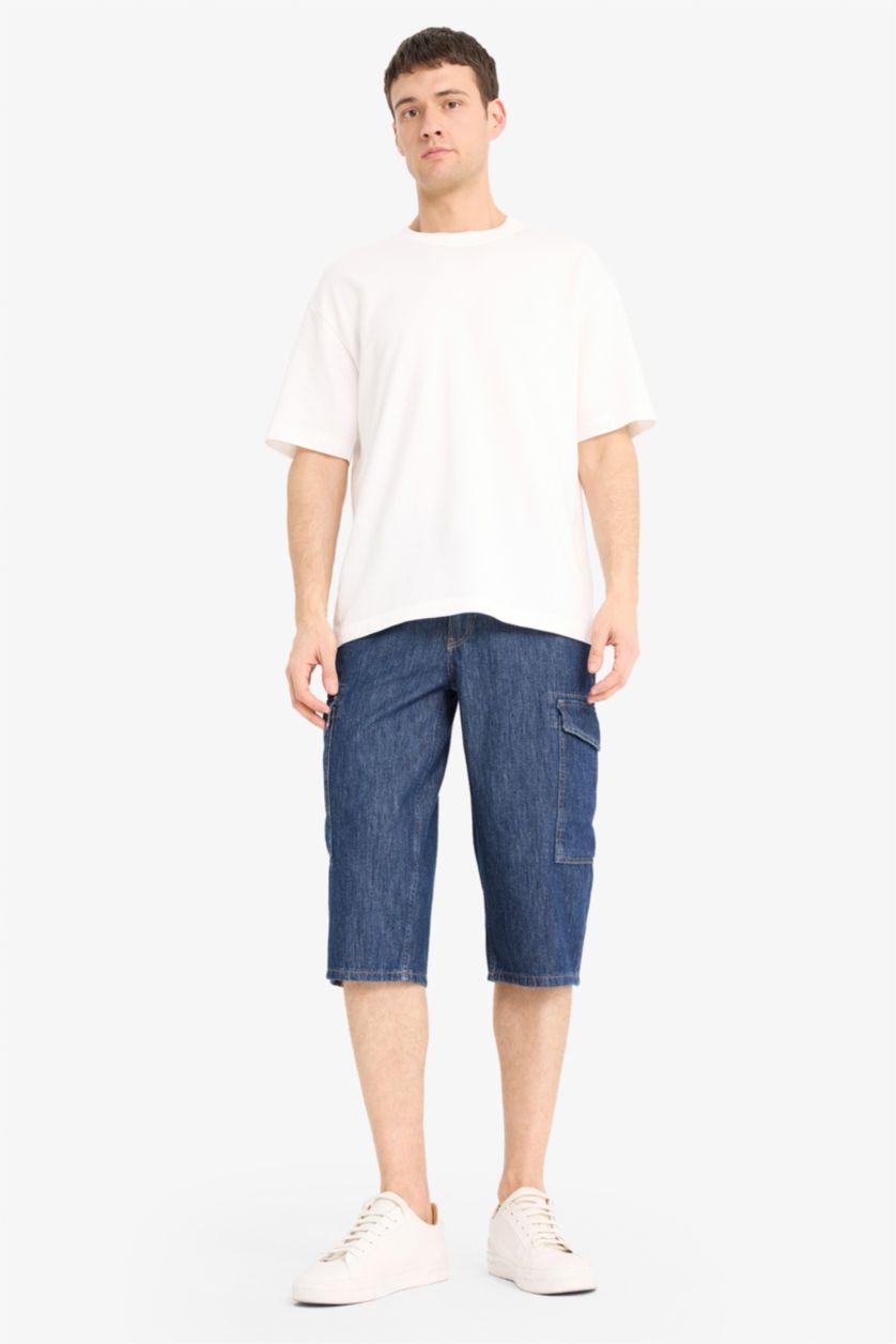 Man Dark Blue Regular Fit Long Denim Bermuda Shorts