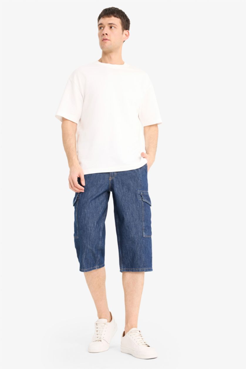 Man Dark Blue Regular Fit Long Denim Bermuda Shorts