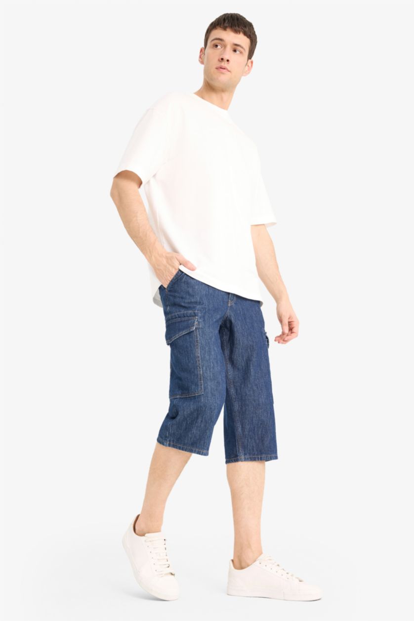 Man Dark Blue Regular Fit Long Denim Bermuda Shorts