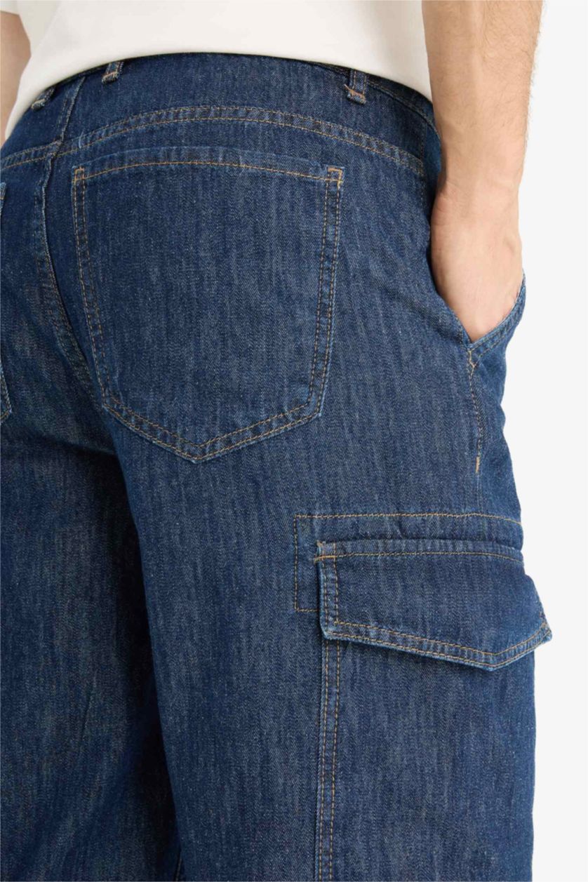 Erkek Koyu Mavi %100 Pamuk Hafif Kumaş Regular Fit Jean Uzun Bermuda Şort