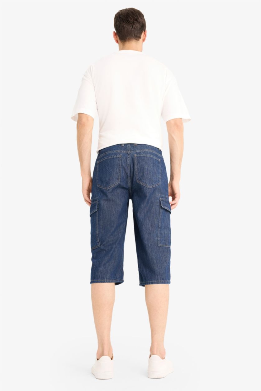 Erkek Koyu Mavi %100 Pamuk Hafif Kumaş Regular Fit Jean Uzun Bermuda Şort