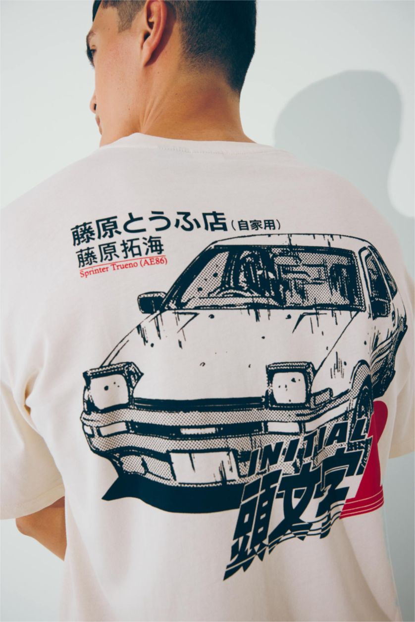 Erkek Ekru %100 Pamuk Initial D Boxy Fit Bisiklet Yaka Kısa Kollu Tişört