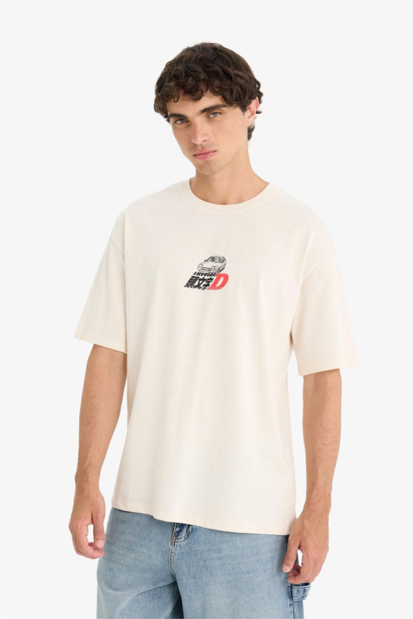 Erkek Ekru %100 Pamuk Initial D Boxy Fit Bisiklet Yaka Kısa Kollu Tişört