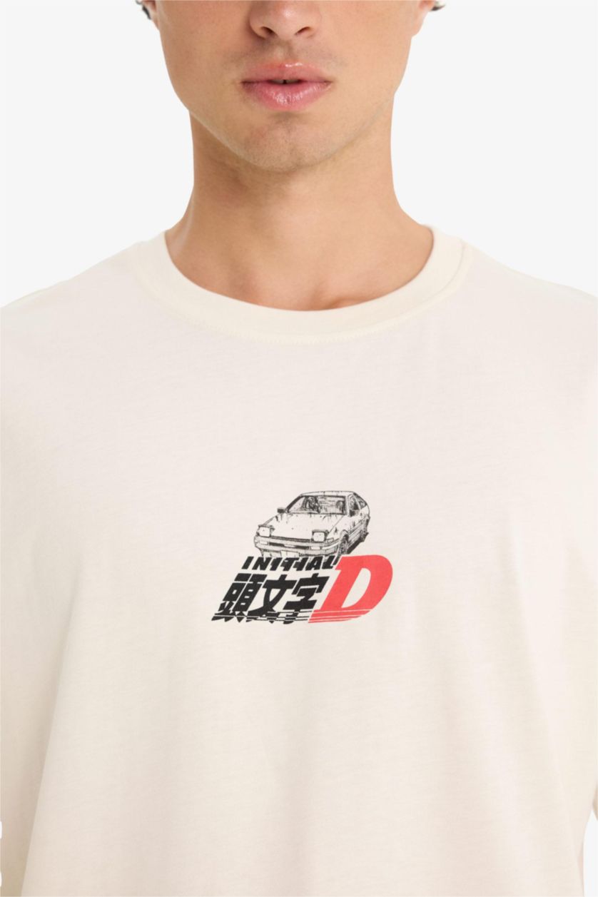Erkek Ekru %100 Pamuk Initial D Boxy Fit Bisiklet Yaka Kısa Kollu Tişört