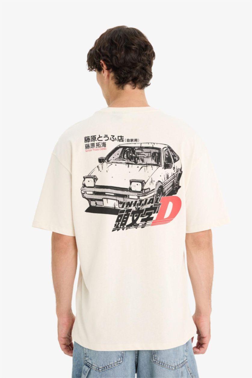 Erkek Ekru %100 Pamuk Initial D Boxy Fit Bisiklet Yaka Kısa Kollu Tişört
