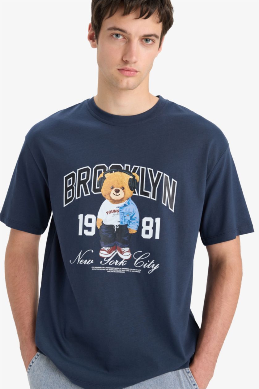 Erkek Lacivert %100 Pamuk Boxy Fit Bisiklet Yaka Baskılı Kısa Kollu Tişört